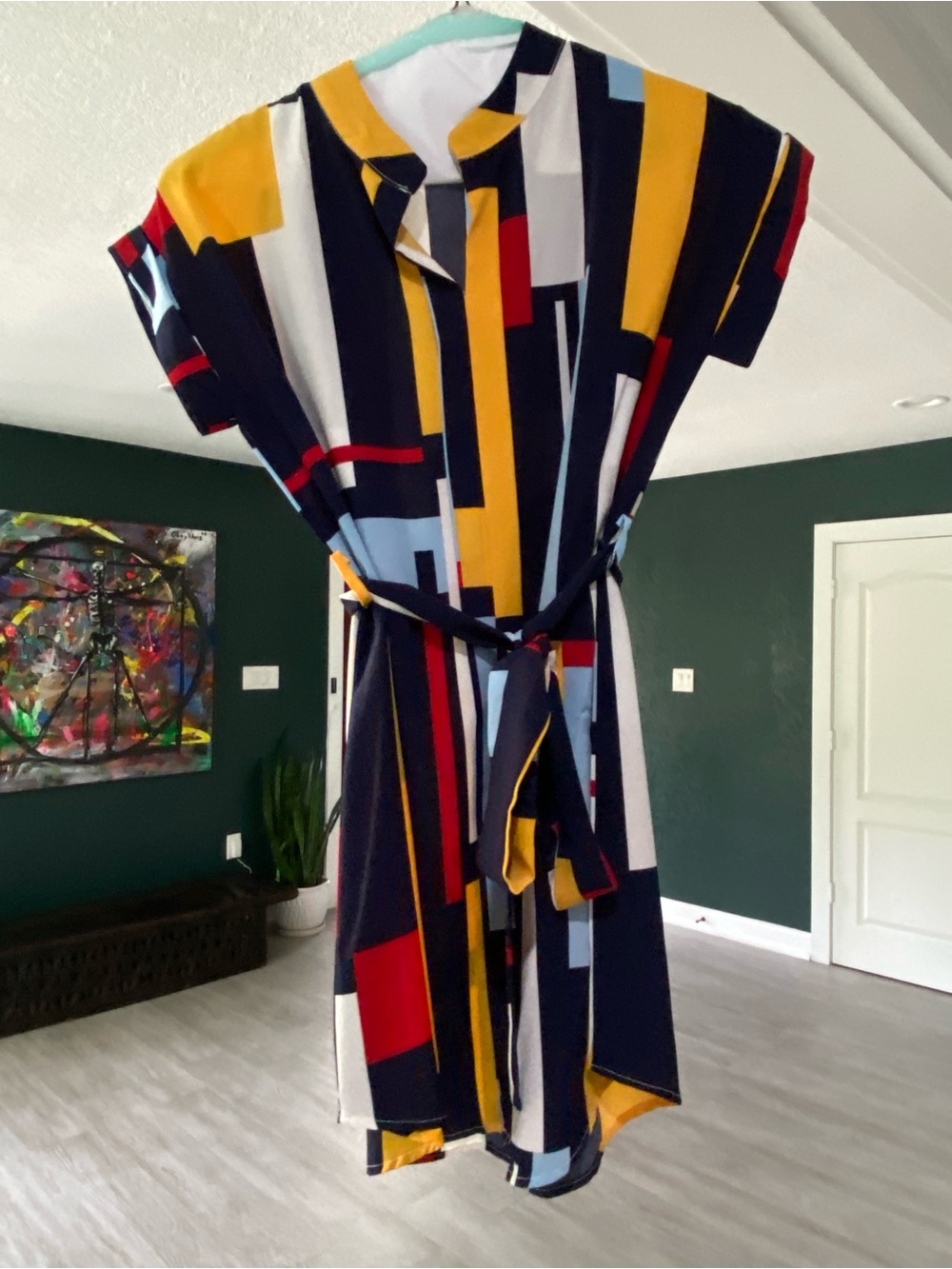 Geometric Colorblock Belted Dress in Navy, Mustard, Red, Light Blue